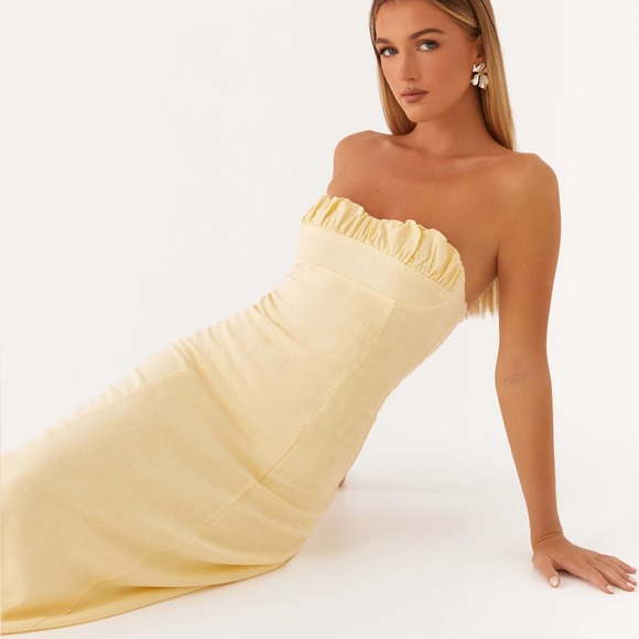 yellow mini linen dress Womens Strapless Panelled Linen Mini Dress in Dusty Yellow main image 1